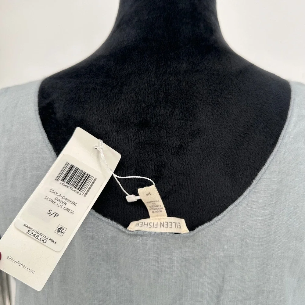 NWT Eileen Fisher Blue Organic Linen Scoop Neck Handkerchief Tank Slip Dress S‎